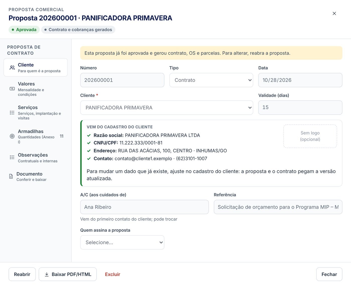 Proposta comercial no Misgav MIP